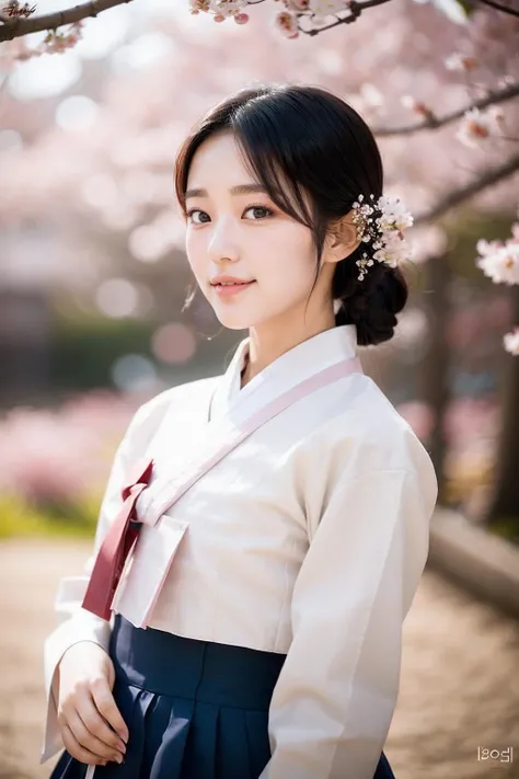 1 Korean girl , tie hair , black hair ,wearing Korean Traditional white cloth ,  Khanbok , standing by the cherry blossom garden , autumn , cinematic light , ((bokeh)), rim light ,smile,
 <lora:Khanbok_V.8:1>