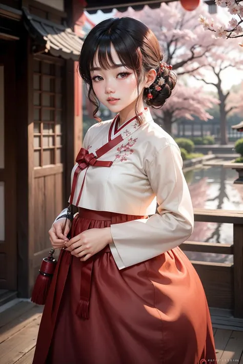 1 Korean girl , tie hair , black hair ,wearing Korean Traditional red cloth , Khanbok , standing by the cherry blossom garden , autumn , cinematic light , ((bokeh)), rim light ,smile,
<lora:Khanbok_V.8:1>