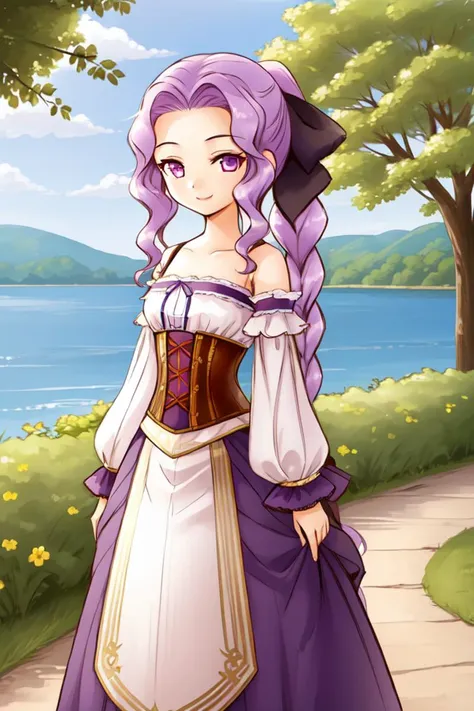 1 girl, outdoors, forest, lake, standing, smile,
 <lora:Harvest_Moon_Hero_of_Leaf_Valley_-_Marina:0.5> holvmarina, purple hair, long hair, wavy hair, braided ponytail, purple eyes,
hair bow, corset, detached sleeves, bare shoulders, long skirt, purple skirt,