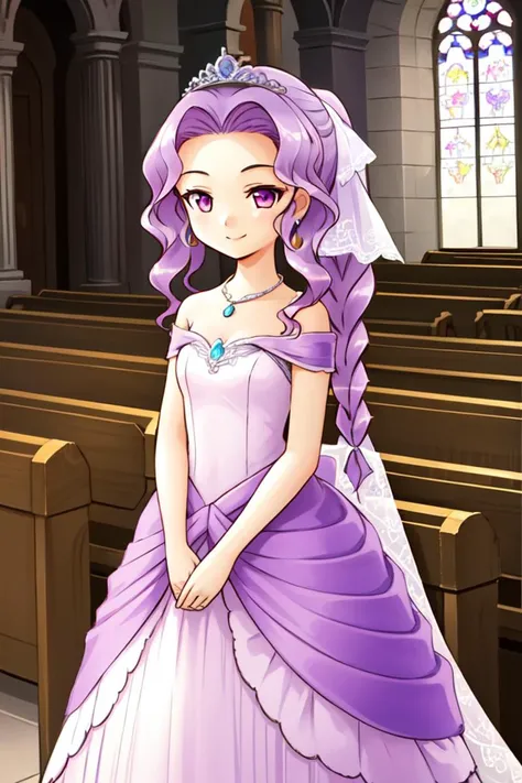 1 girl, indoors, church, standing, smile,
 <lora:Harvest_Moon_Hero_of_Leaf_Valley_-_Marina:0.5> holvmarina, purple hair, long hair, wavy hair, braided ponytail, purple eyes,
tiara, wedding dress, purple dress, bare shoulders, sleeveless dress, necklace, earring,