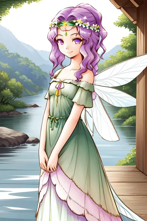 1 girl, outdoors, forest, lake, standing, smile,
 <lora:Harvest_Moon_Hero_of_Leaf_Valley_-_Marina:0.5> holvmarina, purple hair, long hair, wavy hair, braided ponytail, purple eyes,
fairy wings, green dress, leaf dress, bare shoulders, laurels, head wreath,