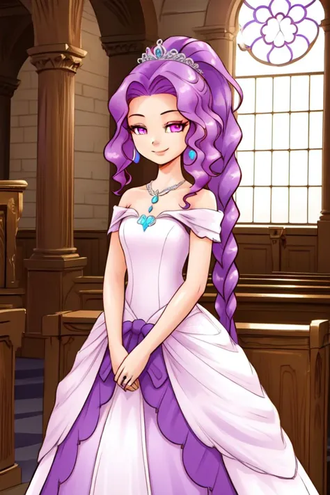 1 girl, indoors, church, standing, smile,
 <lora:Harvest_Moon_Hero_of_Leaf_Valley_-_Marina:0.5> holvmarina, purple hair, long hair, wavy hair, braided ponytail, purple eyes,
tiara, wedding dress, purple dress, bare shoulders, sleeveless dress, necklace, earring,