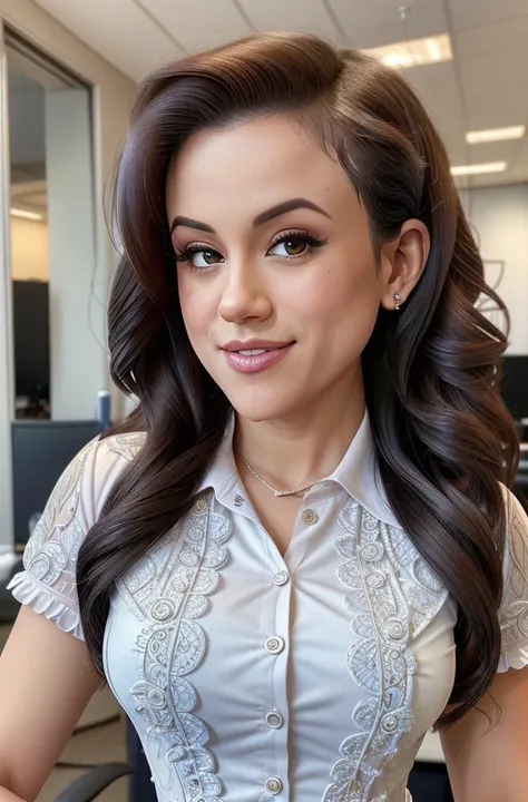 (sfw), photograph of pnnbbr, (face and bust portrait) of a beautiful professional secretary with a flirty grin wearing a (detailed and intricate buttoned up professional blouse) at the office, professional aesthetic, black hair, highly detailed pleasant face, natural skin texture, high quality, masterpiece, absurdres, by arny freytag