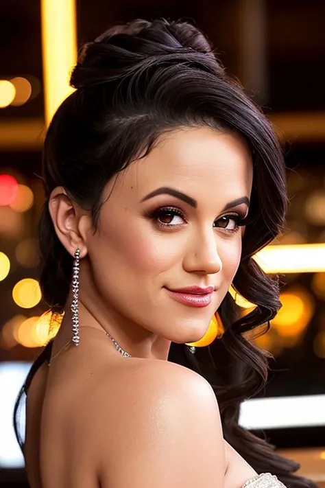 portrait photo of pnnbbr, beautiful woman, hair updo, upsweep, nightclub sitting at bar (masterpiece) (best quality) (detailed) (8k) (HDR) (wallpaper) (cinematic lighting) (sharp focus) (intricate)