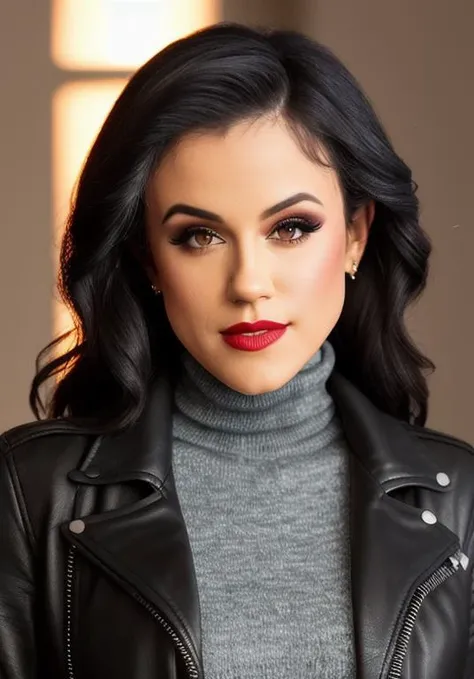 photo of beautiful (pnnbbr:0.99), ((club makeup:1.2)),( wearing a turtleneck sweater and leather jacket,:1.2), RAW candid cinema, 16mm, color graded portra 400 film, remarkable color, ultra realistic, textured skin, remarkable detailed pupils, realistic dull skin noise, visible skin detail, skin fuzz, dry skin, shot with cinematic camera, detailed skin texture, (blush:0.2), red lipstick,(goosebumps:0.3), subsurface scattering