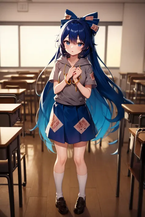 masterpiece, best quality, highly detailed, standing, full body, sh, bracelet, 1girl, solo, very long hair, blue hair, blue bow, hair bow, grey hoodie, hood down, blue eyes, (ofuda:1.2), blue skirt, aura, gradient hair, classroom, school uniform