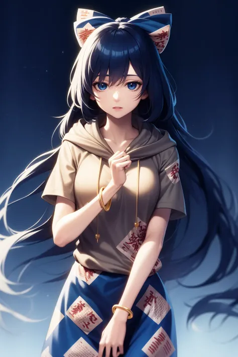 masterpiece, best quality, highly detailed, sh, bracelet, 1girl, solo, very long hair, blue hair, blue bow, hair bow, grey hoodie, hood down, blue eyes, (ofuda:1.2), blue skirt, aura, gradient hair, (japanese temple), (night), rim lighting, realistic lighting, light particles