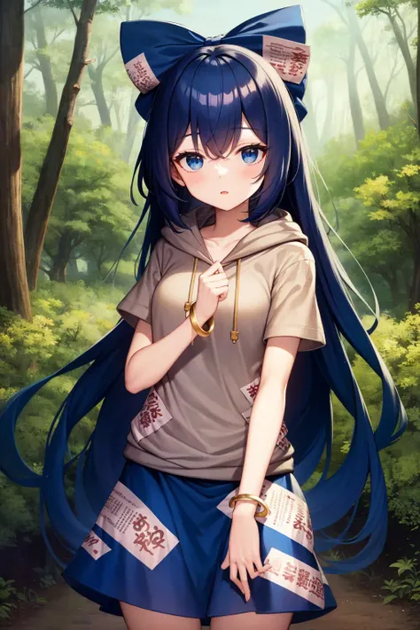 masterpiece, best quality, highly detailed, standing, cowboy shot, sh, bracelet, 1girl, solo, very long hair, blue hair, blue bow, hair bow, grey hoodie, hood down, blue eyes, (ofuda:1.2), blue skirt, aura, gradient hair, flowering clover meadow, forest, countryside