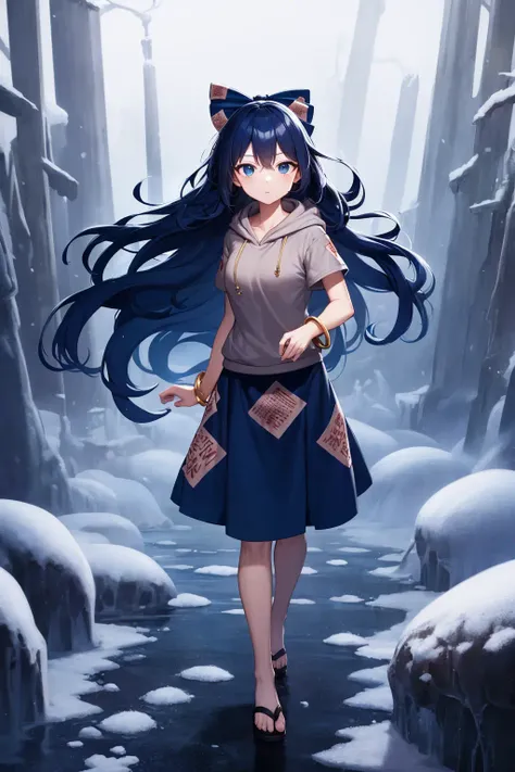 masterpiece, best quality, highly detailed, standing, full body, sh, bracelet, 1girl, solo, very long hair, blue hair, blue bow, hair bow, grey hoodie, hood down, blue eyes, (ofuda:1.2), blue skirt, aura, gradient hair, a scene all frozen and full of snow with stalactites