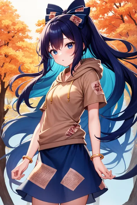 masterpiece, best quality, highly detailed, standing, cowboy shot, sh, bracelet, 1girl, solo, very long hair, blue hair, blue bow, hair bow, grey hoodie, hood down, blue eyes, (ofuda:1.2), blue skirt, aura, gradient hair, autumn, falling yellow leaves, park with trees