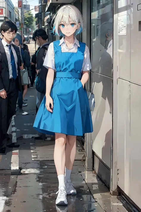 masterpiece, best quality, 1girl with short white hair, wearing blue uniform, white shirt, blue pinafore dress, long legs, slender, tall, white shoes, standing inside phone booth, (colorful), (delicate eyes and face), volumatric light, ray tracing, wide shot, extremely detailed CG unity 8k wallpaper, smile, intricate skirt, busy tokyo street, shops, many people in background, (dark theme:1.3), light, windy <lora:msu3:0.8> <lora:è¿:0.5>