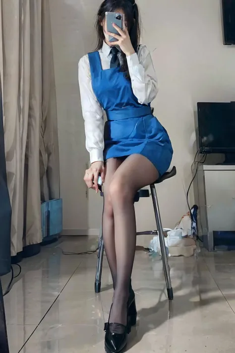 Take a selfie with phone in one hand and cover face, 1girl, full body, black hair, ponytail, slender, pinafore dress, black tie, school badge, (wearing blue uniform, white shoes:1.2), luxury hotel room, mirror, iphone, selfie, pose, small hand, <lora:msu3-000008:0.8>, [standing|on chair|sitting|butterfly sitting], (masterpiece, best quality, incredible detail, perfect lighting, ultra high skin detail:1.2), <lora:è¿-000001:0.4>  <lora:PMS_v001_3:0.6> p_m_s