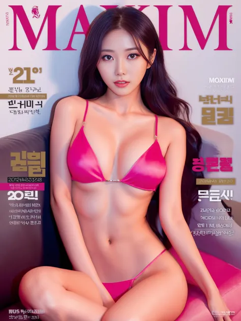 horny girl in pink bra, winged eyeliner, with a long hair posing on the cover of maxim magazine korea on the couch, <lora:maxim_magazine_korea_v1:1>