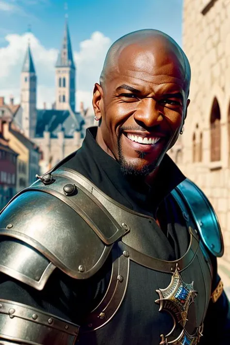 photo of (TCr3ws-350:1), a men as a RPG paladin,(laughing with bare teeth:1.3), (Loose Close Up:1.4), (face focus:1.3), modelshoot style, (extremely detailed CG unity 8k wallpaper), Intricate, High Detail, Sharp focus, dramatic, photorealistic painting art by midjourney and greg rutkowski , ((Fantasy RPG Character)), ((streets of a medieval city in the background)), (detailed pupils:1.2), (dinamic pose:1.2), (wearing intricate iron armor:1.3), (medieval:1.3),