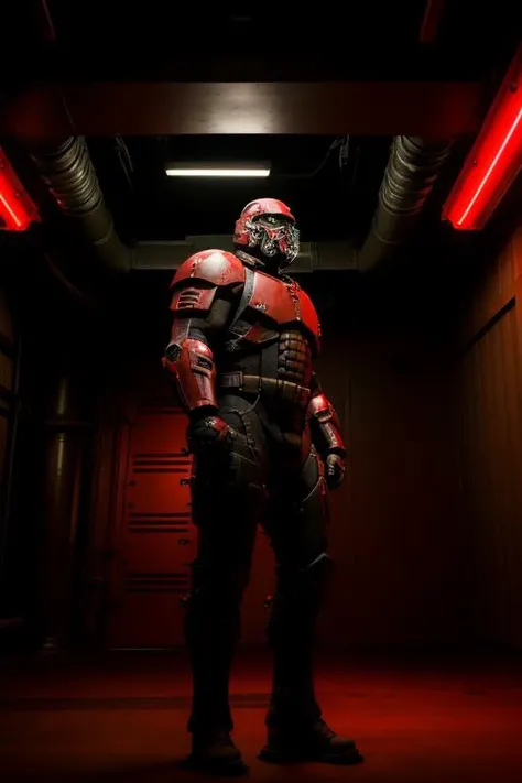 armored badass space-marine colonel tcr3ws standing on a space station platform, chiaroscuro, ((red lights)), <lora:epiNoiseoffset_v2:1>