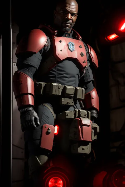 armored badass space-marine colonel tcr3ws standing on a space station platform, chiaroscuro, ((red lights)), <lora:epiNoiseoffset_v2:1>,((unmasked))