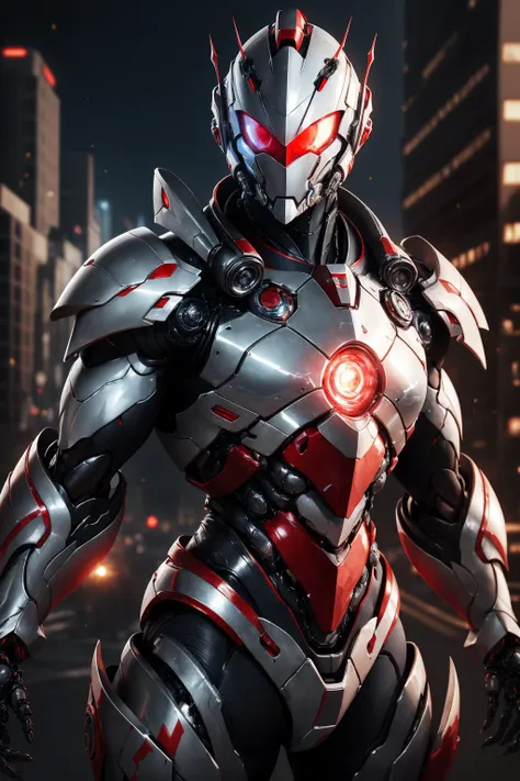 masterpiece, best quality, highres,realistic,upper body,
1boy,Ultraman,MechUltraman, looking at viewer,golden,white, red,power armor,full armor, (translucent:1.4),(stance:1.1),biomechanical,
mini city,metallic reflection, dramatic lighting,3d, super detailed, Octane render, <lora:MechUltraman_v14:0.8>