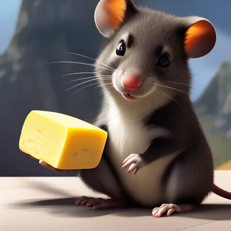 cute furry mouse eating cheese, pixar