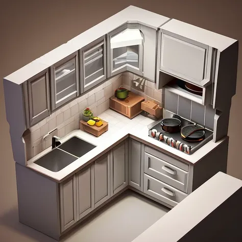 Tiny cute isometric kitchen in a cutaway box, soft smooth lighting, soft colors, 100mm lens, 3d blender render
