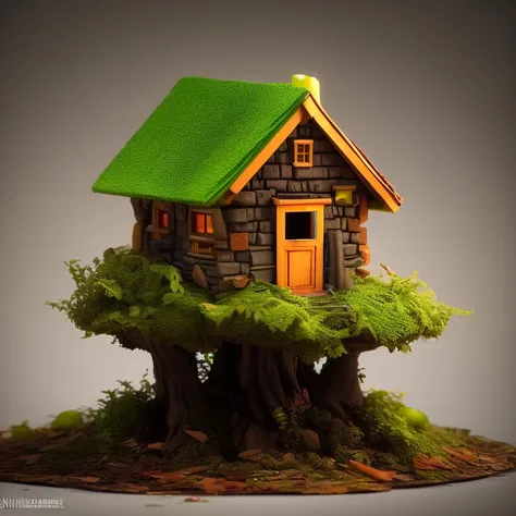 tiny macro photo of a tiny house on a leaf, diorama, nikon, rendered, unity, blender