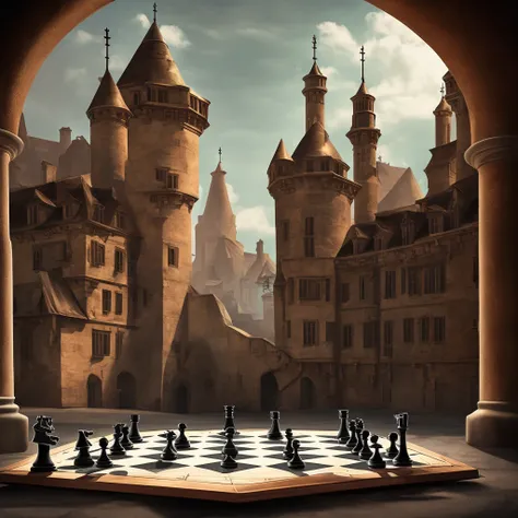 portrait of a chess board with an ancient building background. each chess piece is a person having complex, fantasy, dramatic, other worldly, intricate features. Digital painting style, artstation, smooth, sharp focus, illustration, ancient, highly historical, detailed faces, detailed background, highly realistic,