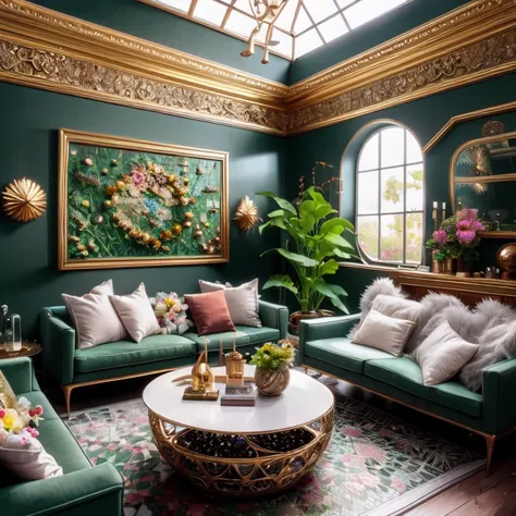 Architectural Digest photo of a maximalist green solarpunk living room with lots of flowers and plants, golden light, hyperrealistic surrealism, award winning masterpiece with incredible details, epic stunning