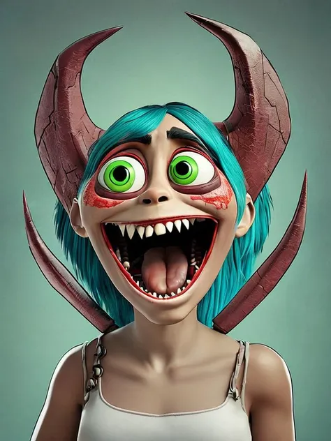 Monster girl with long pointed ears growls baring her sharp teeth, pixar style
