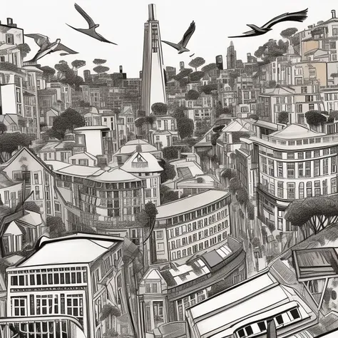 maximalist chaotic Lombard Street San Francisco, birds eye view, illustrated by Herg, style of tin tin comics, pen and ink
