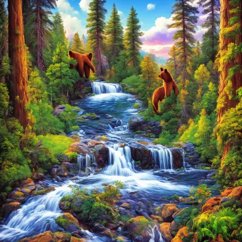 sprawling forested landscape, river cutting through the lands, small waterfall, fish jumping bear  looking off into the distance, dynamic scene, vivid colors