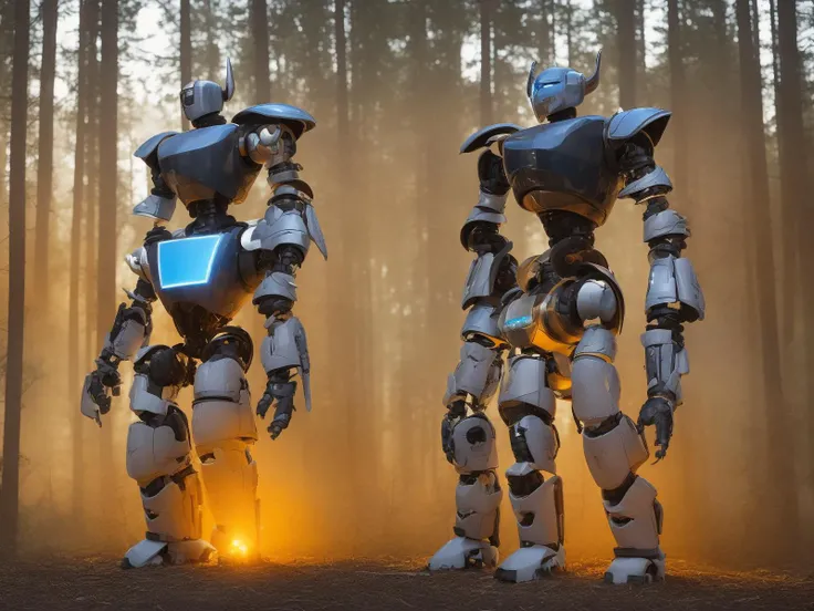 High detail RAW color photo professional close photograph of a robotic warrior(( robot standing)), in a ((muted forest)),((night)), natural lighting, matte, pastel colors, backlighting, depth of field, natural lighting, hard focus, film grain, (3d), ray traced, rendered, photographed with a Canon EOS 90D DSLR Camera, by Terry Richardson
