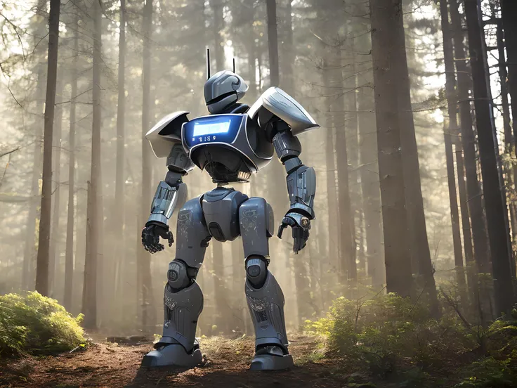 High detail RAW color photo professional close photograph of a robotic warrior(( robot standing)), in a ((muted forest)),((night)), natural lighting, matte, pastel colors, backlighting, depth of field, natural lighting, hard focus, film grain, (3d), ray traced, rendered, photographed with a Canon EOS 90D DSLR Camera, by Terry Richardson