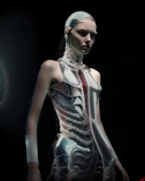<lora:abstractDisco_abstractDiscoDiffusion:0.5> <lora:meltmetal_:0.6> award winning portrait photo of a female fashion model cyborg, wearing transparent glass and plastic biomechanical techwear futuristic (xenomorphic semi transparent ultra glossy exoskeleton clothes:1.4), advanced sowing techniques, mech, cybertech, 4k, highest quality, grunge xenomorphic aesthetics, porcelain gloss, (backlighting:1.4), fashion show in hangar, digital painting, concept art, smooth, sharp focus, rule of thirds, dark fantasy,intricate details, medium shot, (shallow depth of field:1.1), by sandra chevrier, by Kurita KAKU, at by rfktr_technotrex, in the style of t3xtn, by Giger, meltmetal