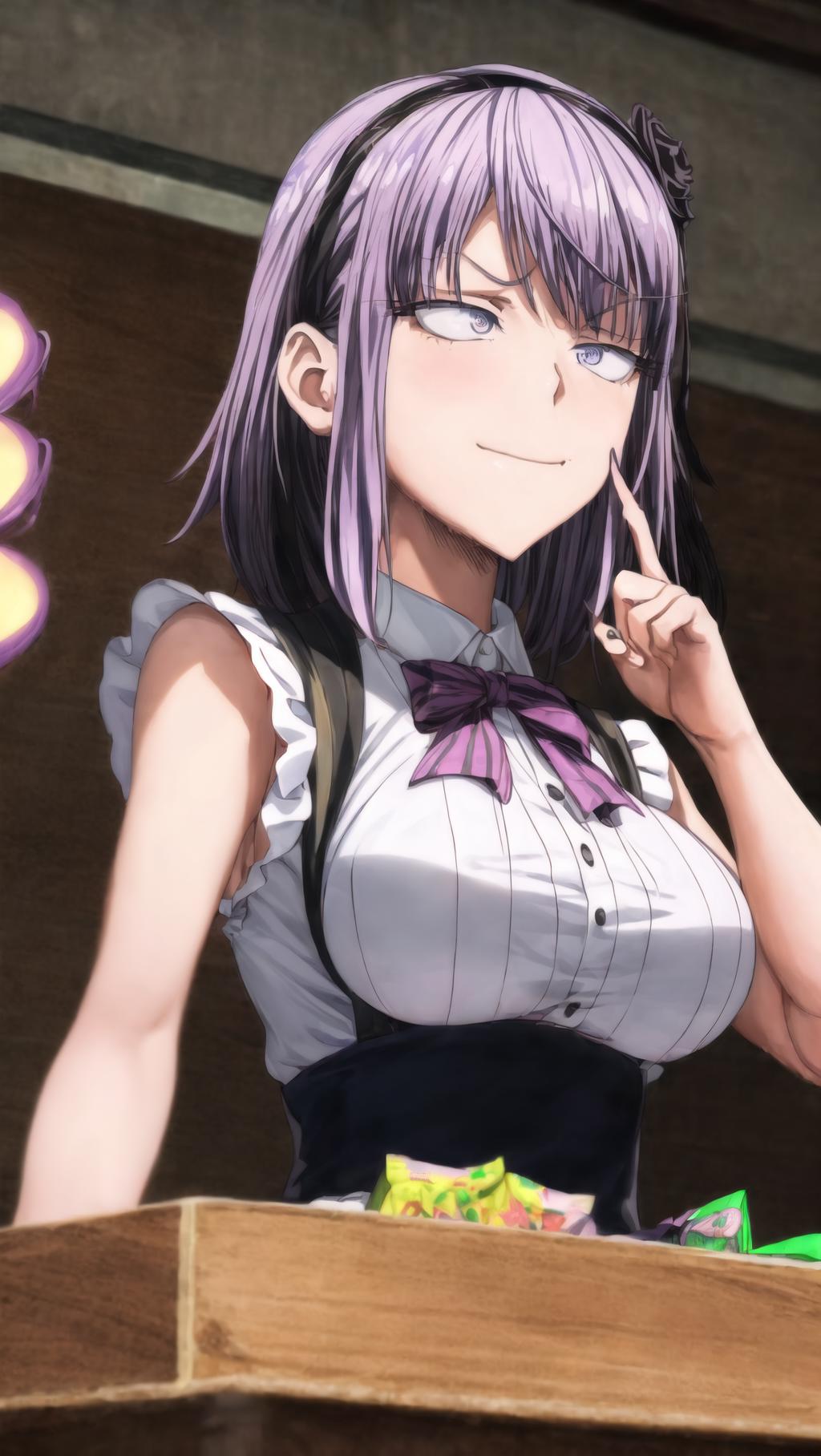 Anime girl with purple hair and a bow tie standing at a podium - SeaArt AI