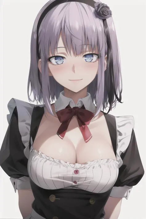 (masterpiece, best quality, high quality, highres, ultra-detailed), 1girl,  <lora:hotaru-dagashi-01:0.8> shidare hotaru, arms behind back, seductive smile, blush, (white background), large breasts, short hair, (maid), cleavage cutout, cleavage,