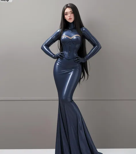 (Light makeup) peerless beauty, long hair, dress, gorgeous dress, detailed facial features, real texture, full body, elbow gloves, full body, corset,  <lora:neckcorsetv5:0.7>, neck_corset, pencil skirt, (latex:1.2), (blue outfit:1.2)