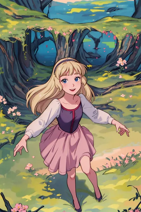 (masterpiece:1.4), (best qualit:1.4), (high resolution:1.4), bodice, long sleeves, princess eilonwy, hairband, skirt, smile, looking at viewer, upskirt view, revealing panties, panties focus