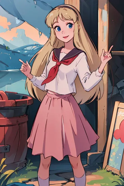 (masterpiece:1.4), (best qualit:1.4), (high resolution:1.4), princess eilonwy, red school uniform, serafuku, hairband, skirt, smile, looking at viewer, <lora:princess_eilonwy_v1_4:1>