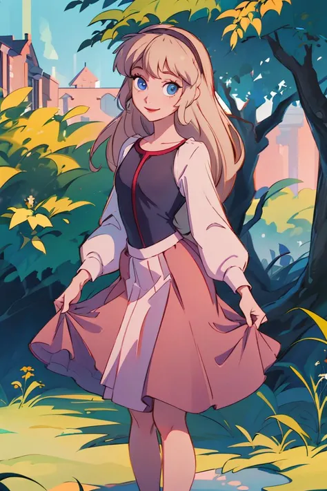 (masterpiece:1.4), (best qualit:1.4), (high resolution:1.4), bodice, long sleeves, princess eilonwy, hairband, skirt, smile, looking at viewer, <lora:princess_eilonwy_v1_4:1>