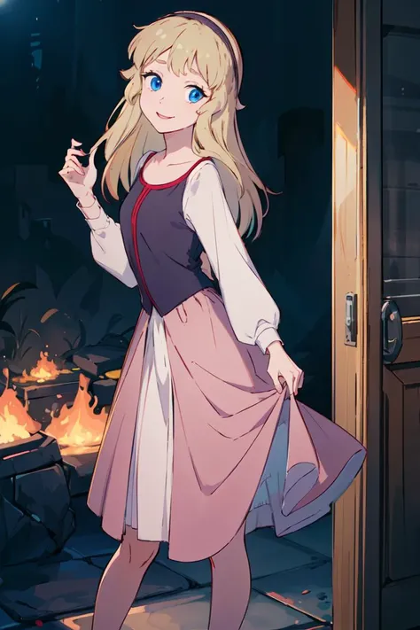 (masterpiece:1.4), (best qualit:1.4), (high resolution:1.4), bodice, long sleeves, princess eilonwy, hairband, skirt, smile, looking at viewer, <lora:princess_eilonwy_v1_4:1>