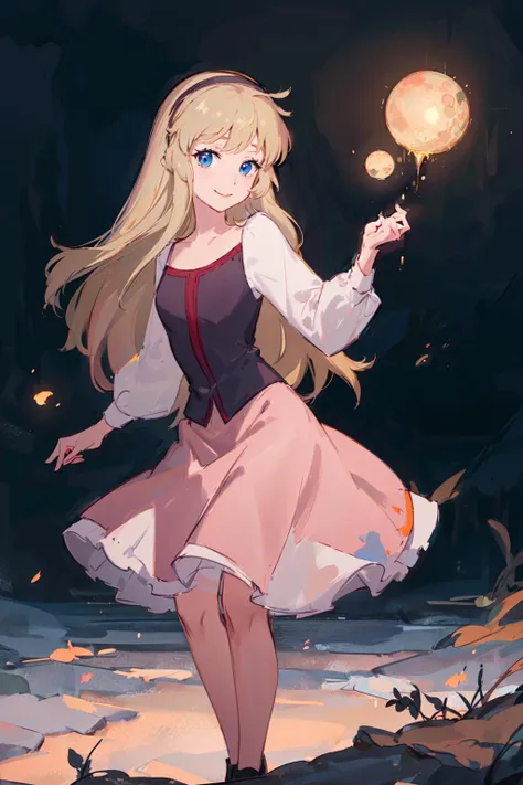 (masterpiece:1.4), (best qualit:1.4), (high resolution:1.4), bodice, long sleeves, princess eilonwy, hairband, skirt, smile, looking at viewer, holding orb,   <lora:princess_eilonwy_v1_4:1>