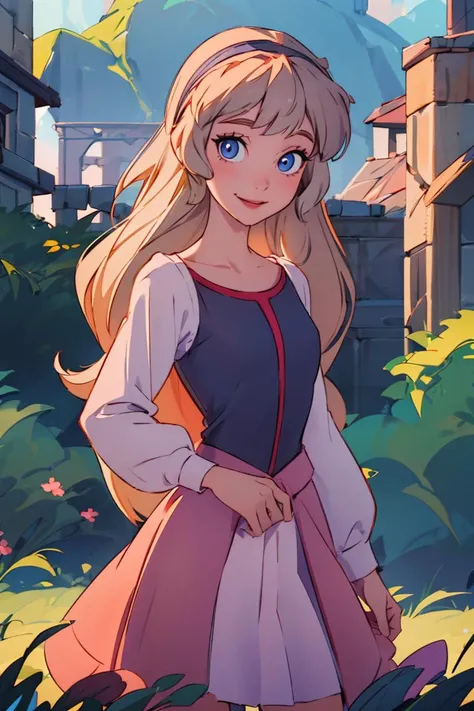 (masterpiece:1.4), (best qualit:1.4), (high resolution:1.4), bodice, long sleeves, princess eilonwy, hairband, skirt, smile, looking at viewer, <lora:princess_eilonwy_v1_4:1>