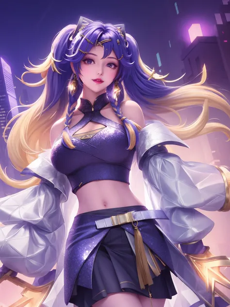 hair ornament,standing,cityscape,night,lake,mature female,looking at viewer,detached sleeves,skirt,navel,twintails,coat, hairclip, <lora:sun_20230707134704-000008:0.75>,earrings,