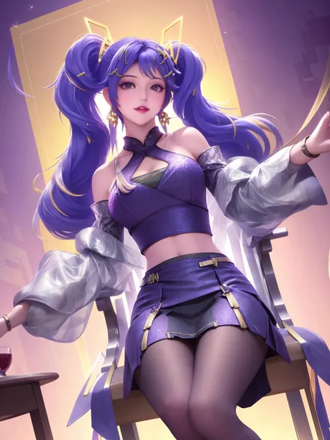 hair ornament,cityscape,night,lake,mature female,looking at viewer,detached sleeves,skirt,navel,twintails,coat,hairclip,<lora:sun_20230707134704-000009:0.75>,earrings,sitting,chair,window,pantyhose,from below,boots,