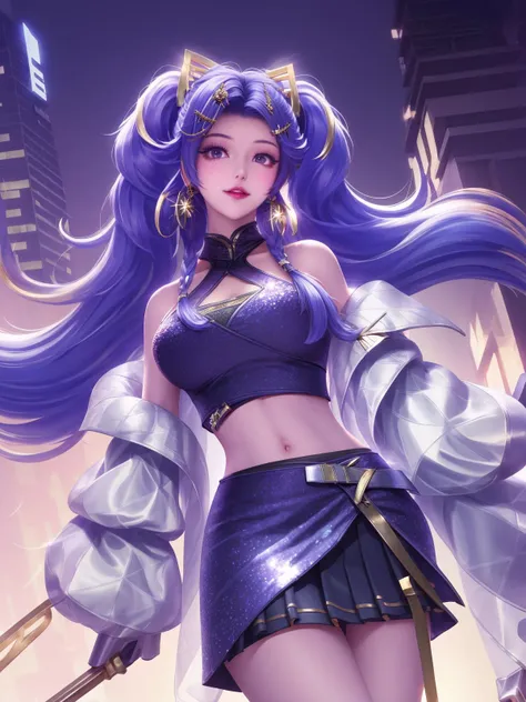 hair ornament,standing,cityscape,night,lake,mature female,looking at viewer,detached sleeves,skirt,navel,twintails,coat, hairclip, <lora:sun_20230707134704-000009:0.75>,earrings,