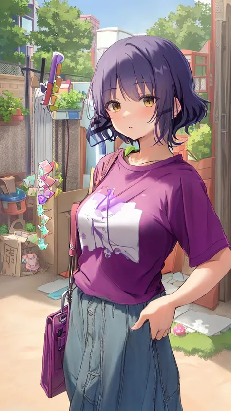 masterpiece, yamadaryou, short hair, purple hair, <lora:ryoYamadaBocchiTheRock_v10:0.9>, standing, outdoors, t-shirt