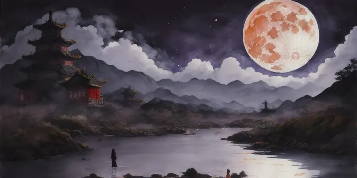 absurdres,<lora:add_detail:1>,purple background,background details,anime,landscape,phantom,china,meditation,zen,((wash painting)),((ink s...)),full_moon,stream,