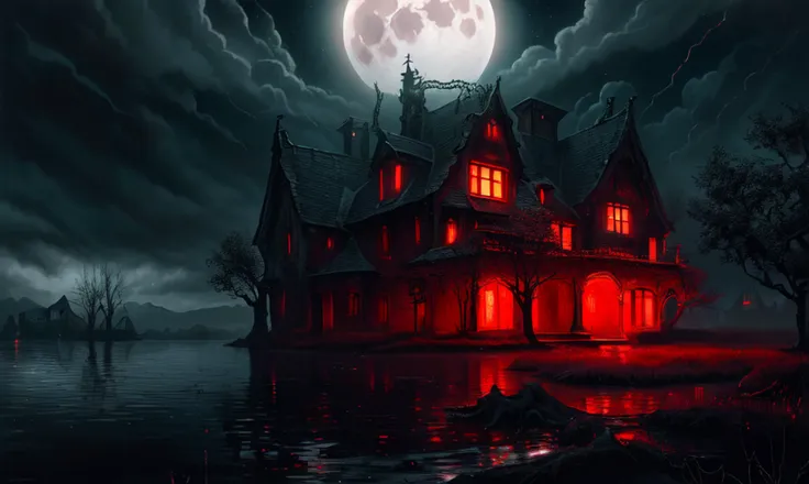 High res, masterpiece, extreme detail, hyper realism, (eerie house in the distance:1.2), dark lightning, gothic imagery, (giant Lovecraftian monster in the sky:1.4), red glowing light from the house, big lake at a side, tree branches, red moon