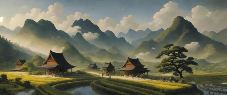 oil painting, (highly detailed:1.4), best quality, masterpiece , mountains, clouds, sunrays, chinese style, architectures, rice fields, farm, trees, spring, Bonsai, cliffs, farmers with straw hats, flying birds