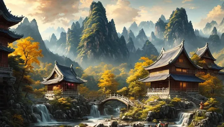 mountain scenery, a small wooden house inside, a small stream in front with a boy playing with a small dog, next to a chicken coop, ancient chinese style landscape painting, mountains in front, beautiful winding green river behind, extremely sharp old paper detail, high paper detail, high line detail, high resolution, ultra high quality, raw, 8k image, extremely high color detail, intricate, epic composition, cinematic lighting, masterpiece, bold complimentary colors. stunning masterfully illustrated by artgerm and range chinese style landscape painting, yellow paper color, painted with black and white ink, extremely sharp old paper detail, high paper detail, high line detail, high resolution, ultra high quality, raw, 8k image, extremely high color detail, intricate, epic composition, cinematic lighting, masterpiece, Artstation, Sergey Svistunov, hyperrealistic