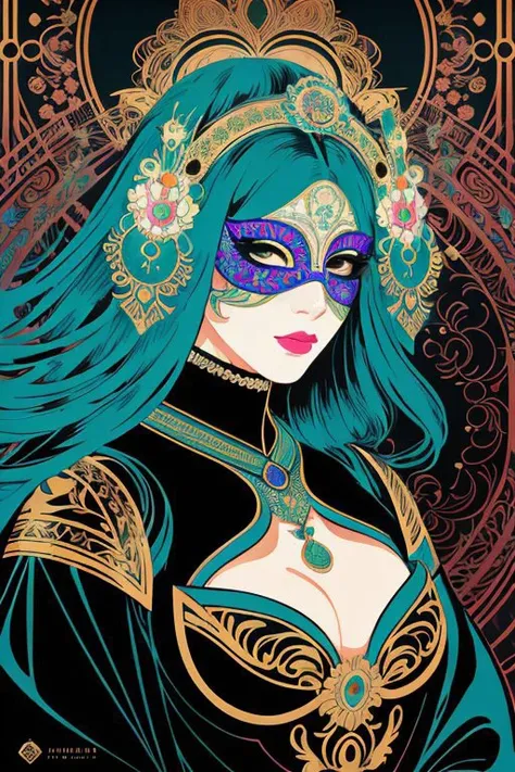 Centered detailed portrait of a masked woman wearing a venetian mask, vibrant peacock feathers, intricate, elegant, highly detailed, digital painting, artstation, smooth, sharp focus, illustration, illuminated lines, outrun, vaporware, intricate venetian patterns, cyberpunk darksynth, by audrey kawasaki and ilya kuvshinov and alphonse mucha